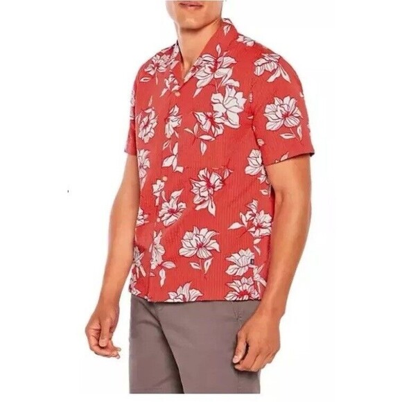 Gap Men Short Sleeve Seersucker Shirt S Cayenne Flower Fill New Red Relaxed - Picture 6 of 12
